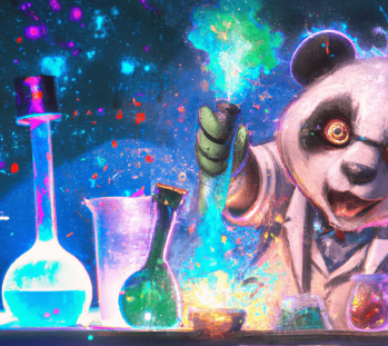 DALL·E 2023-02-06 15.33.52 - panda mad scientist mixing sparkling chemicals, digital art-min