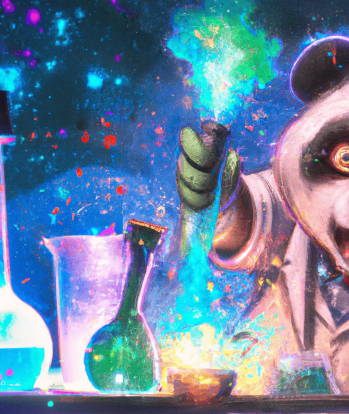 DALL·E 2023-02-06 15.33.52 - panda mad scientist mixing sparkling chemicals, digital art-min